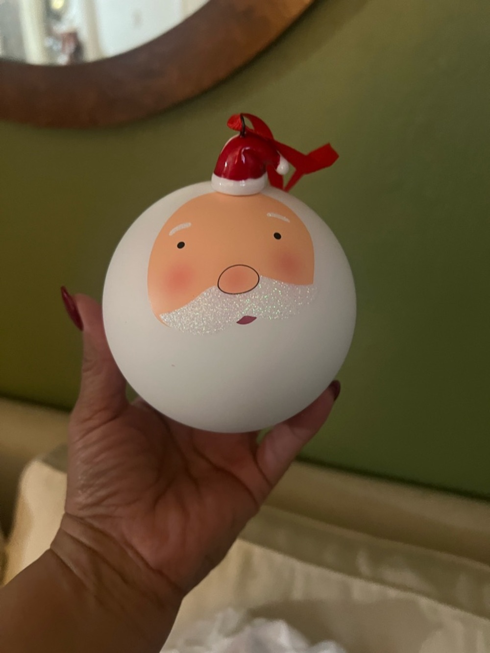 Crate&Barrel White Santa Face Glass Ornament with Red Hat